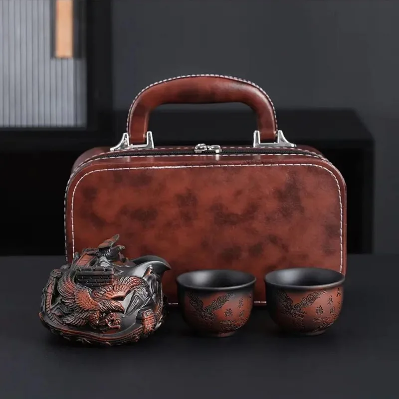 Creative Purple Clay Relief Dragon Pattern Ceramic Teapot Modern Travel Tea Set Portable Teapot Set Home Teacup Porcelain Teapot