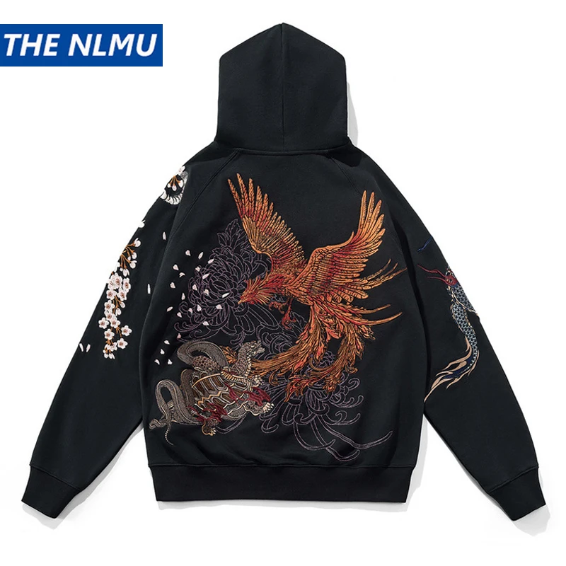 2025 Spring Hip Hop Zip Up Hoodie Jacket Y2K Tiger Chinese Dragon Embroidered Hooded Sweatshirt Coat Harajuku Cotton Streetwear