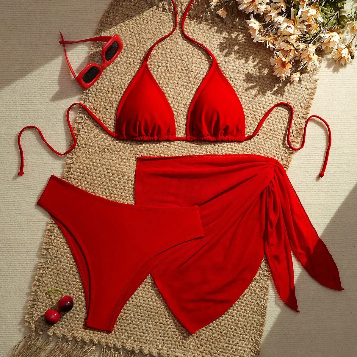 Red 3‑Piece Bikini Set Women Halter Triangle Tie‑Side Swimsuit Mesh Wrap Skirt Beach Swimwear