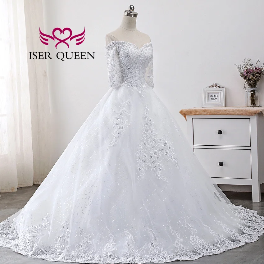 Aangepaste Klassieke Kant Applicaties Kralen Trouwjurk Halve Mouwen Uit De Schouder Plus Size Afrikaanse Trouwjurk WX0001