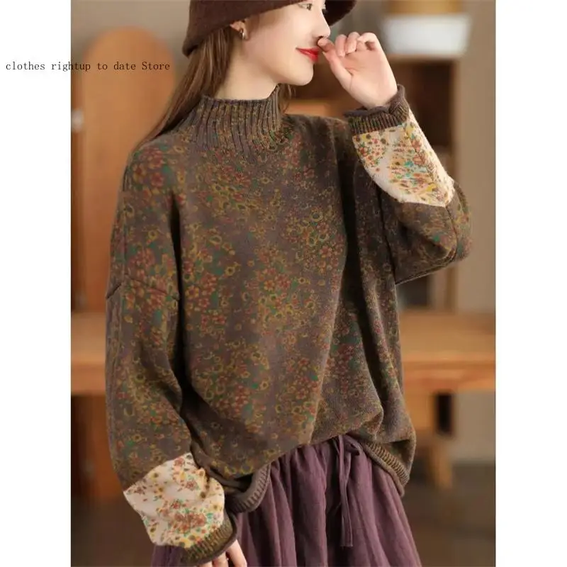 Womens Winter Women's Leisure Sweater Vintage Printed Pullovers Turtleneck Sweaters Classic Loose Floral Jumpers