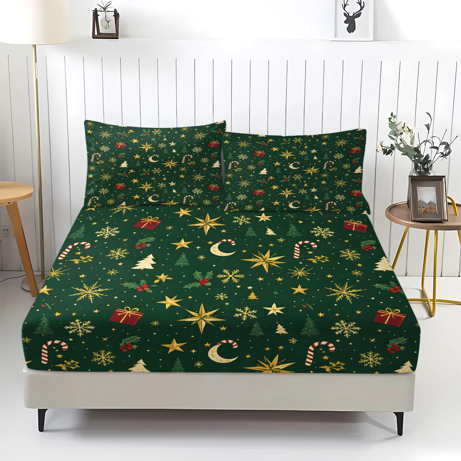 Green Christmas Fitted Sheet Set Golden Star Moon Snowflake Print Elastic Bed Cover With Pillowcases Xmas Holiday Bedding Decor