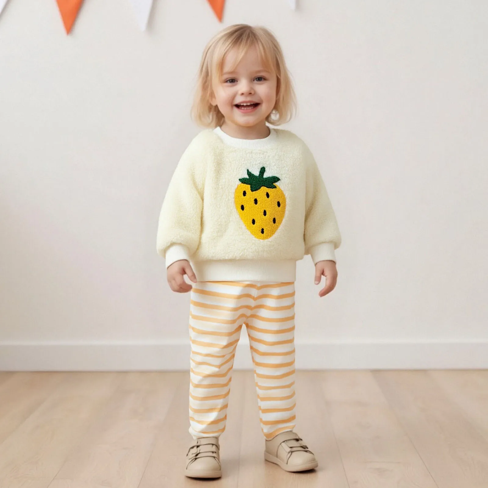 

Toddler Baby Girl Fleece Clothes Strawberry Embroidery Long Sleeve Pullover Striped Pant Children 2 Pcs Set Winter Clothes Suit