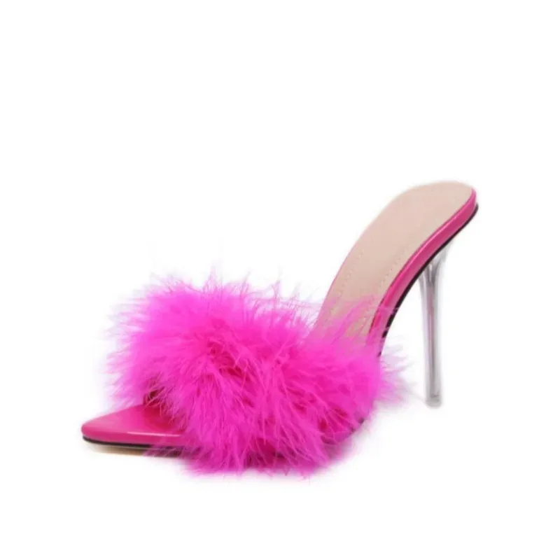 Woman Slippers 2023 New Feather Design PVC Transparent Sandals Perspex High Heels Fur Peep toe Ladies Mules Slides Shoes