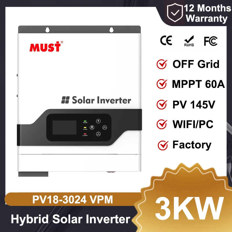 MUST PV1800 VPM 3KW 24V MPPT 60A Home Hybrid Solar Inverter PV 145V OFF Grid Pure Sine Wave Lifepo4 Solar System WIFI Monitor