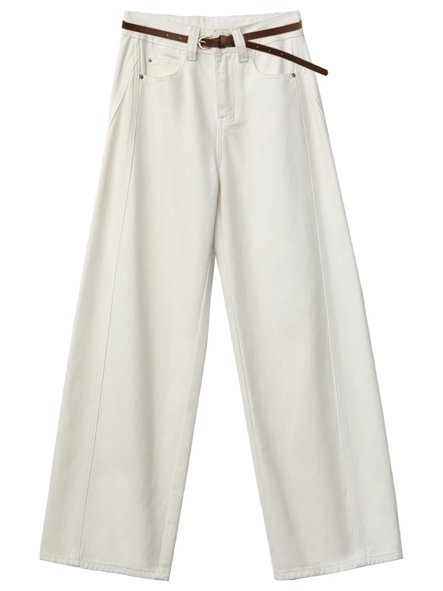 CHIC VEN กางเกงยีนส์ผู้หญิงสีขาววินเทจลำลองขากว้างกางเกงเดนิมกระชับสัดส่วนกางเกงหญิงฤดูใบไม้ร่วงฤดูหนาว 2025