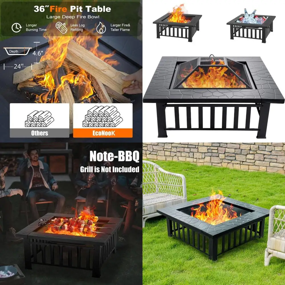 

Square 36 Inch Outdoor Fire Pit Table with Spark Screen and Fire Poker, Multipurpose Patio Fireplace for Yard and Garden