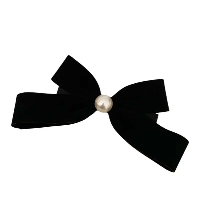 French Retro Black Velvet Pearl Bow Elegant Spring Clip New Back Head Hair Clip Hairpin Women