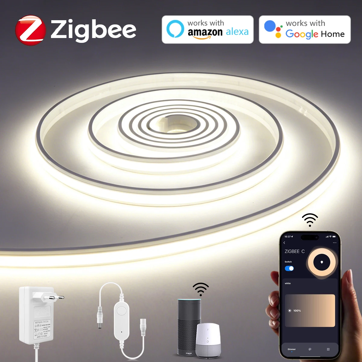 Zigbee 24V Self-Adhesive Neon LED Strip COB Lights with Smart LED Controller Switch Tuya Wifi Dimmable LED Tape for Wall Decor
