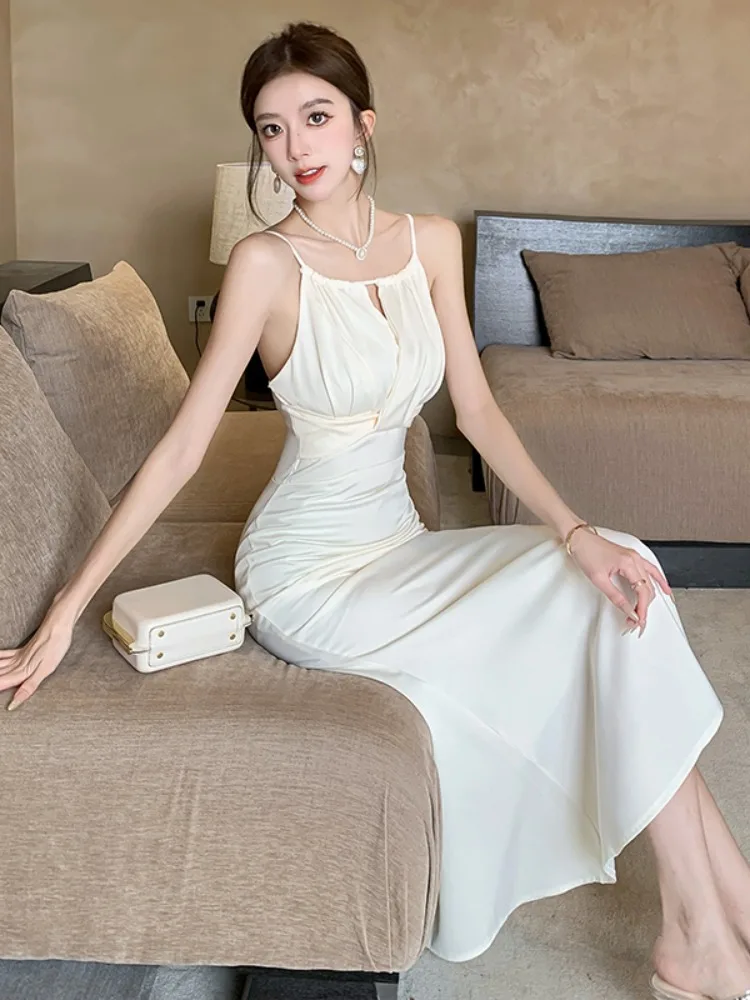 Summer 2025 New Vintage ter Ne Strap Dr Women's Satin Fi Tail High-End Long Design Sensation Gown