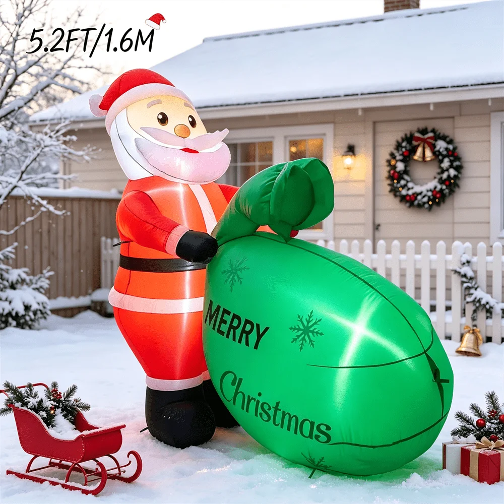 5.2FT/1.6M Christmas Inflatable model Santa Claus Giant Present Bag with Bright LEDs Outdoor Holiday Decorations Xmas Yard Decor