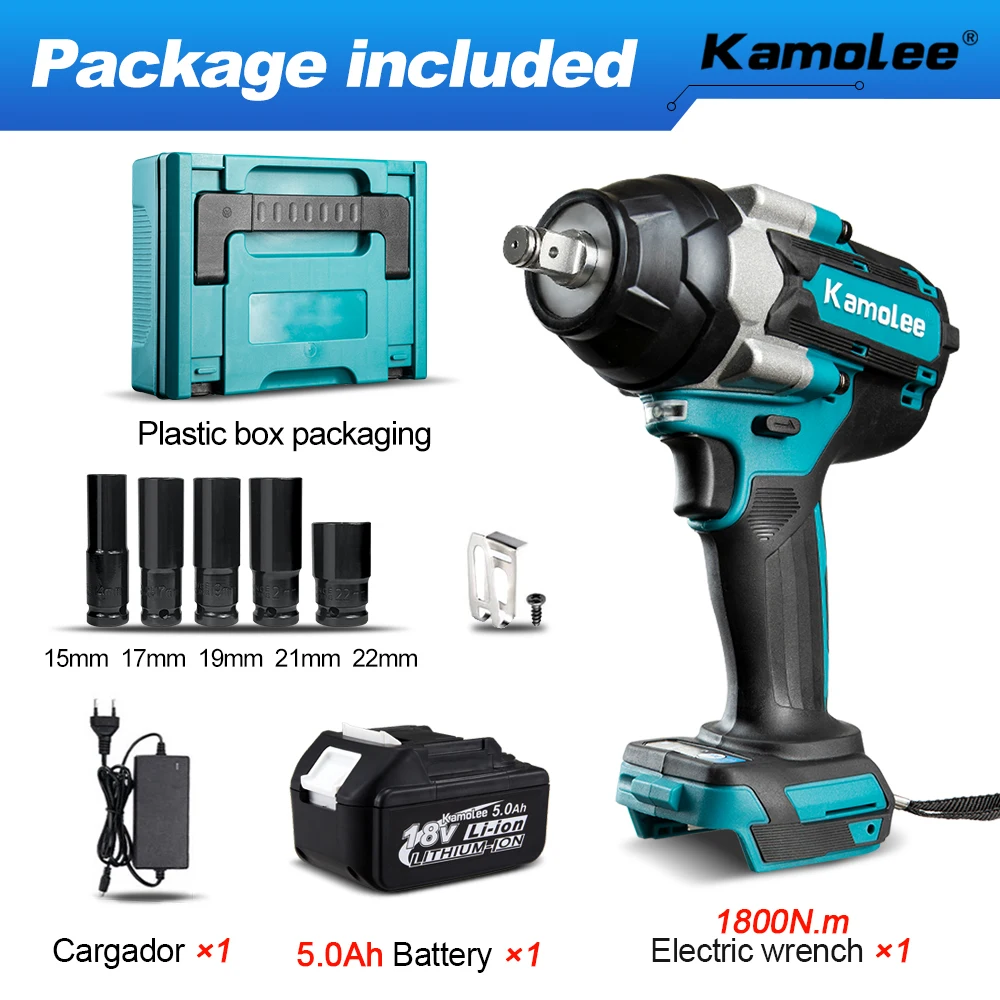 Kamolee DTW700 1800NM Bürstenloser Akku-Schlagschrauber 1/2 Geschwindigkeit Hocheffizient Langlebig Auto für Kamolee/Mak 18/21V Akku