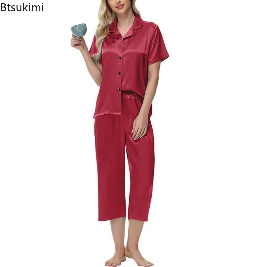 New Women Two-piece Pajama Set Elegant Ice Silk Pajama Set with Button-down Shirt Wide Trousers Homewear Casual Outfit Sleepwear