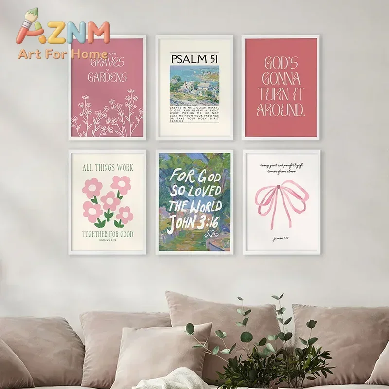 Pink Christian Bible Wall Art Print Poster Modern Landscape Flower Decorative Canvas Painting Nordic Living Room Home Decorat