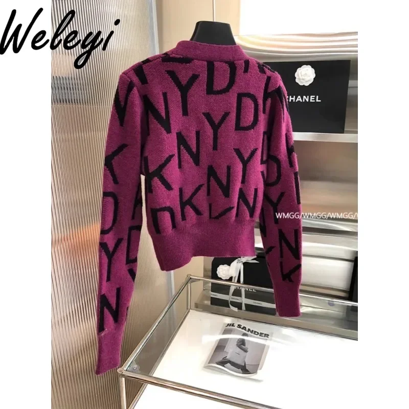 Temperament Letters V-neck Purple Knitted Cardigan Ladies Office Women's Autumn High-end Irregular Long Sleeve Short Sweaters