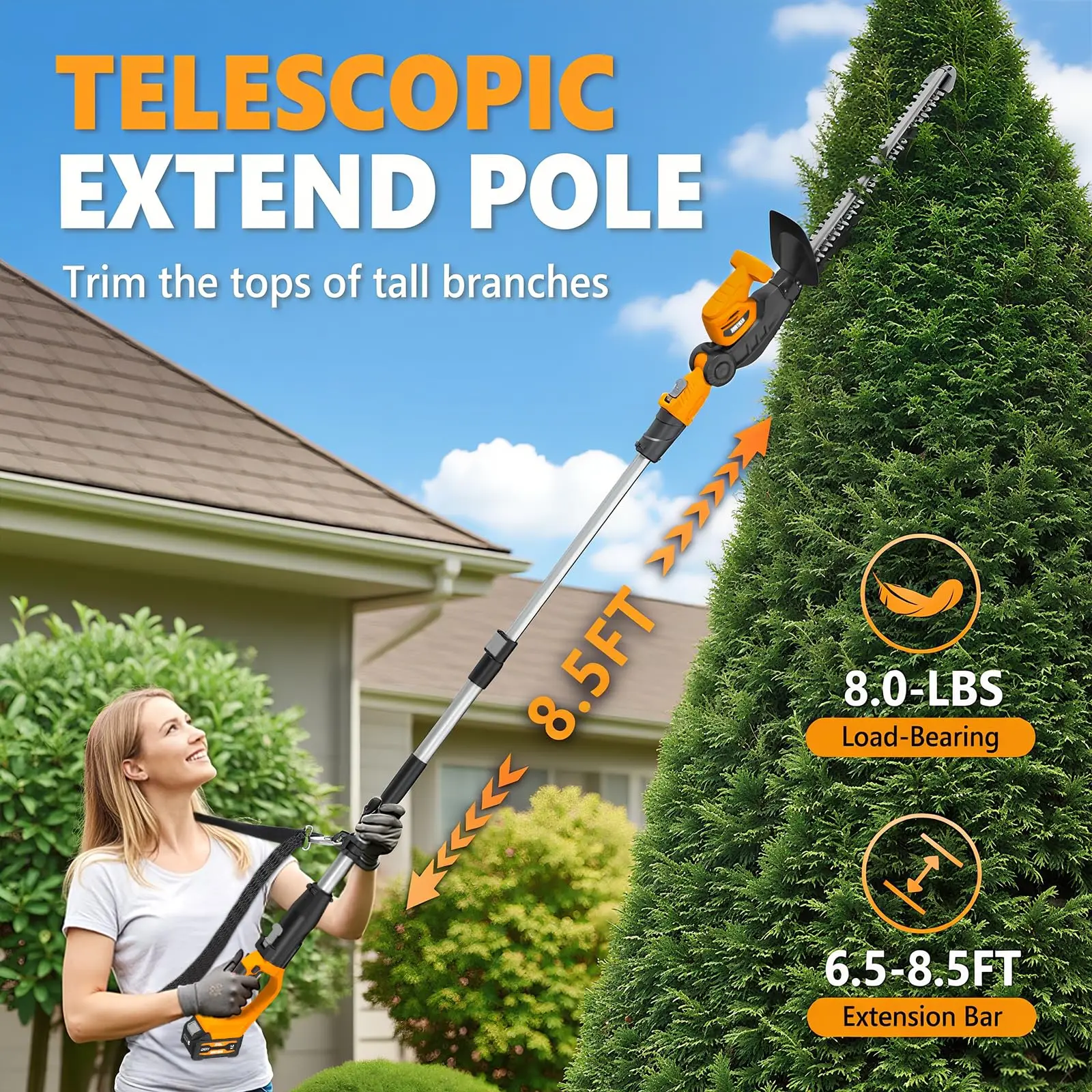 20V 2-in-1 Cordless Pole & Handheld Hedge Trimmer,Electric Hedge Trimmer with 2 Packs 4.0Ah Battery & Charger,8.5-Feet
