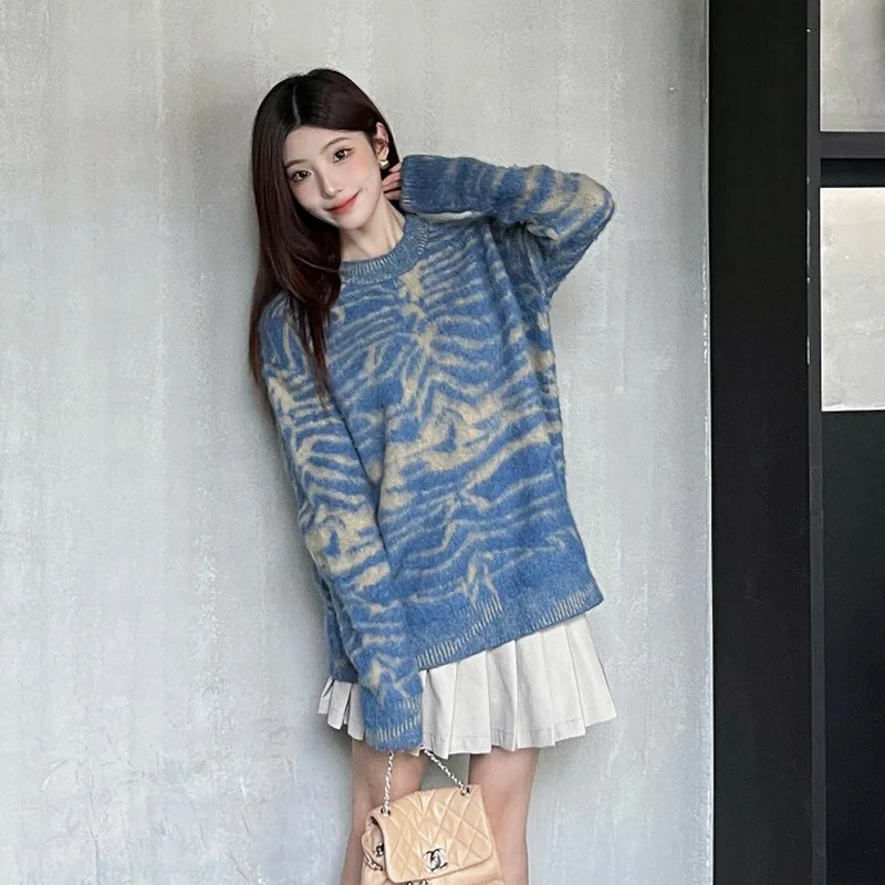 

2023 autumn lazy wind loose thin color knitted crew-neck sweater