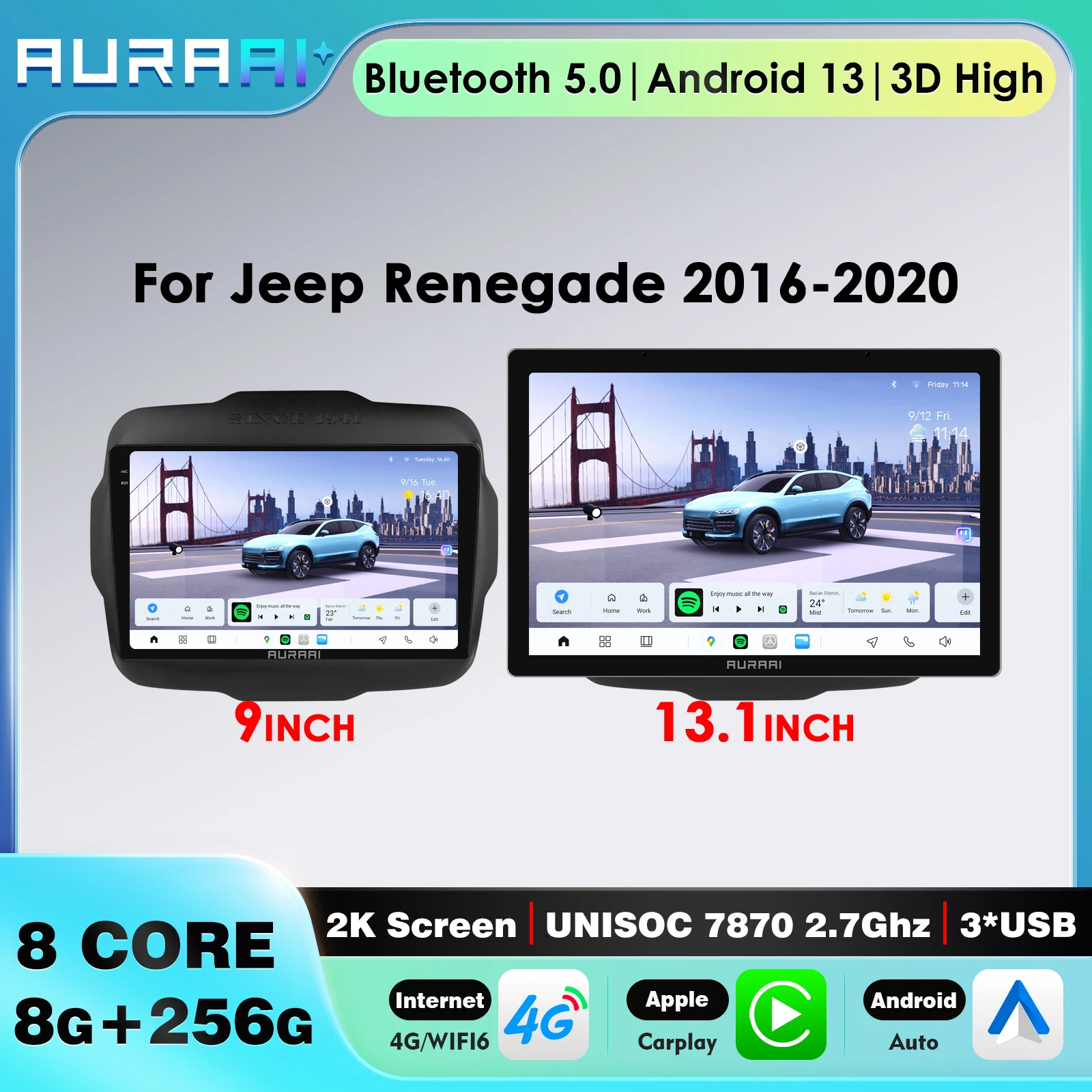 

Автомобильное авторадио AURAAI Android 13 для Jeep Renegade 2016-2020, беспроводной Carplay, Android, мультимедийный сенсорный экран, WIFI, Bluetooth ADAS