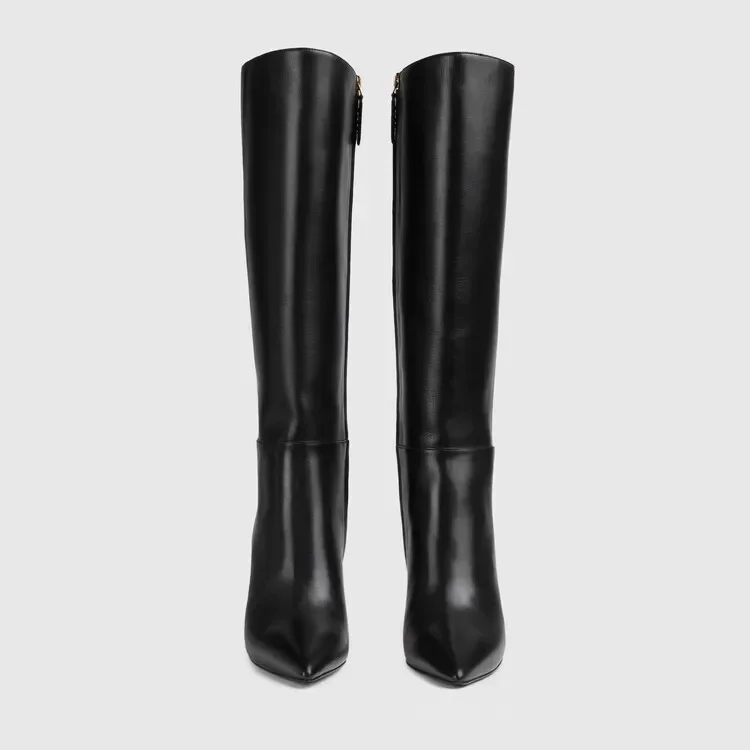 European and American Fashion Pointed Slim High Heels, Knee High Boots with Side Zippers, Sizes 34-48, Large Mid Size Boots