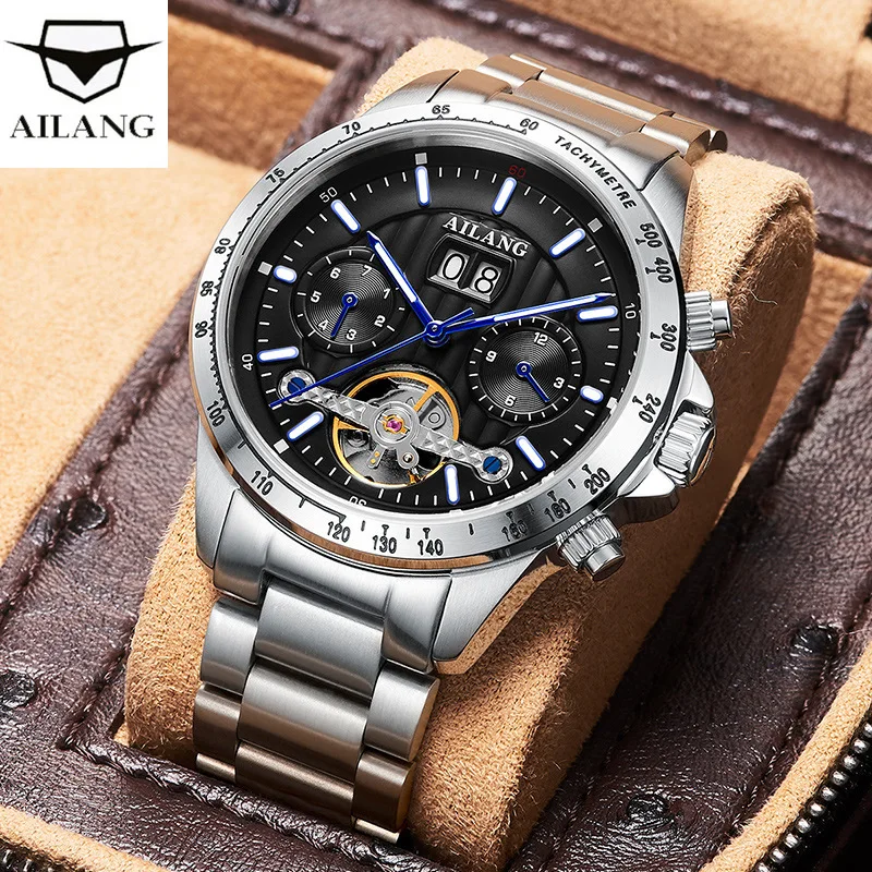 

AILANG Fashion Tourbillon Mechanical Watch for Men Stainless Steel Waterproof Calendar Mens Watches Top Brand Luxury Clock Men's