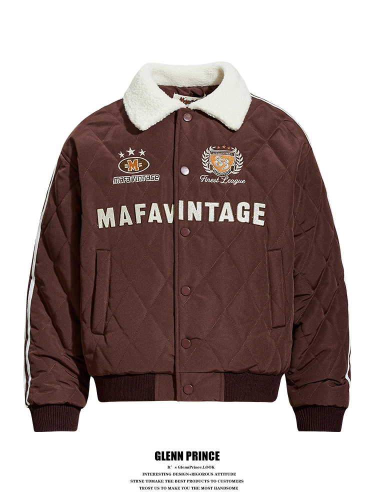 

GPstudio American Retro Embroidered Lapel Cotton Jaet Men's Winter Warm College Sle Outerwear with Quilted Pattern