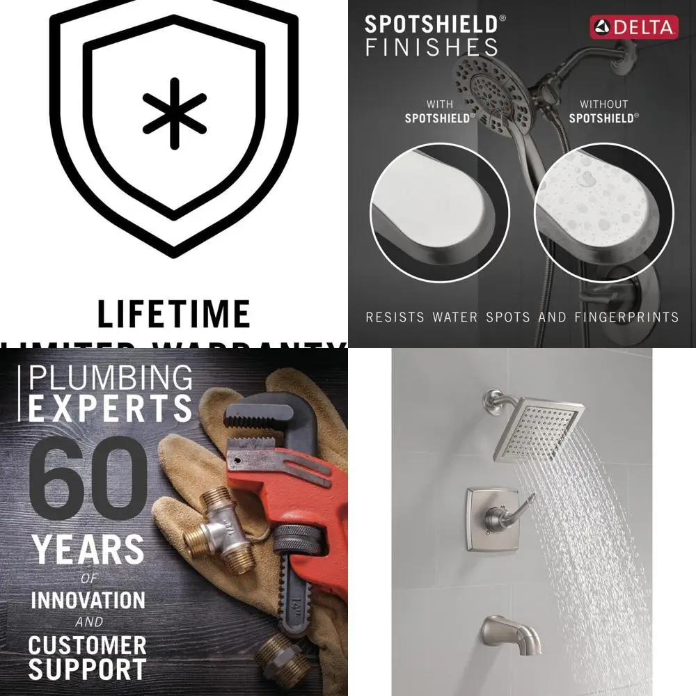 

Geist 14 Series Square Bathtub and Shower Faucet Set with Brushed Nickel Shower Head, Handle, and Valve Trim Kit, SpotShield, In