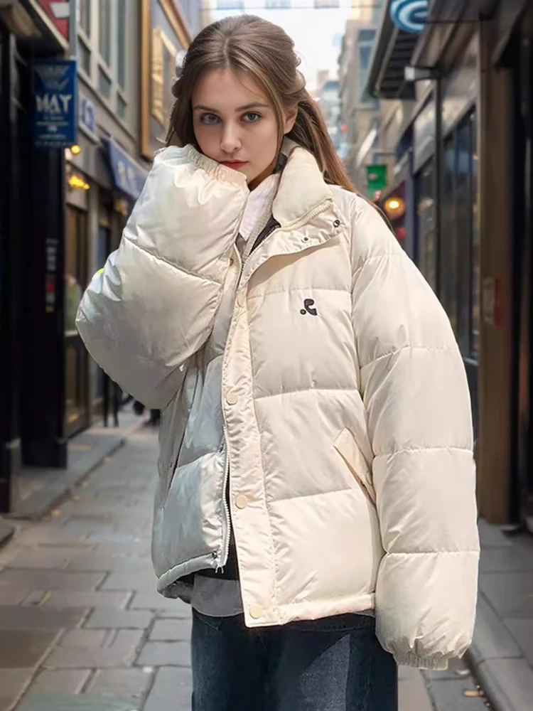 Women Short Puffer Jacket Winter Korean Stand Collar Thick Padded Coat Female Loose Oversized Parkas Mujer Streetwear Outwear