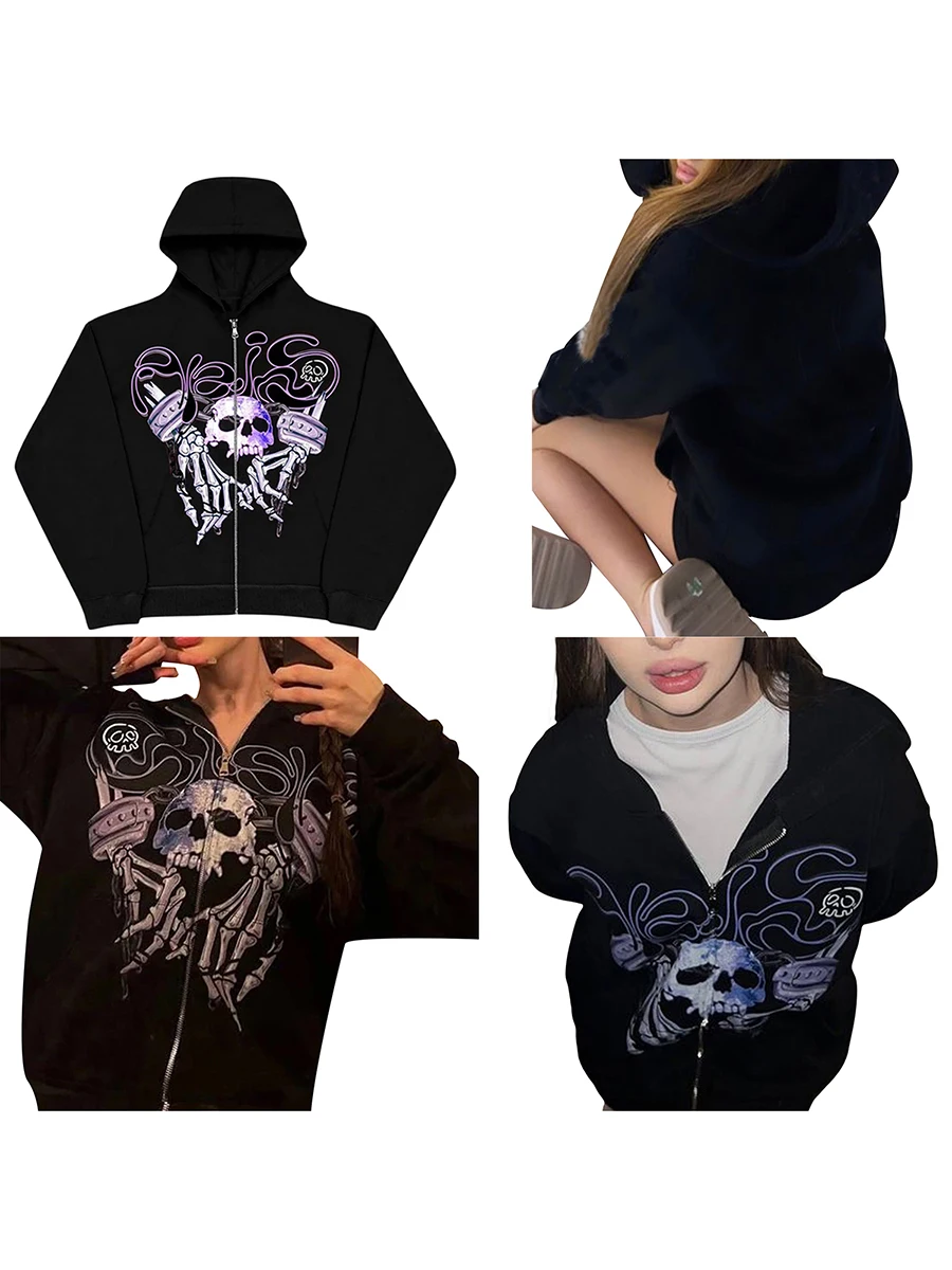 

Women Y2k Zip Up Hoodies Vintage Oversize Hoodied Sweatshirt Rhinestone Graphic Zip Up Hoodie Grunge Aesthetic Jacket