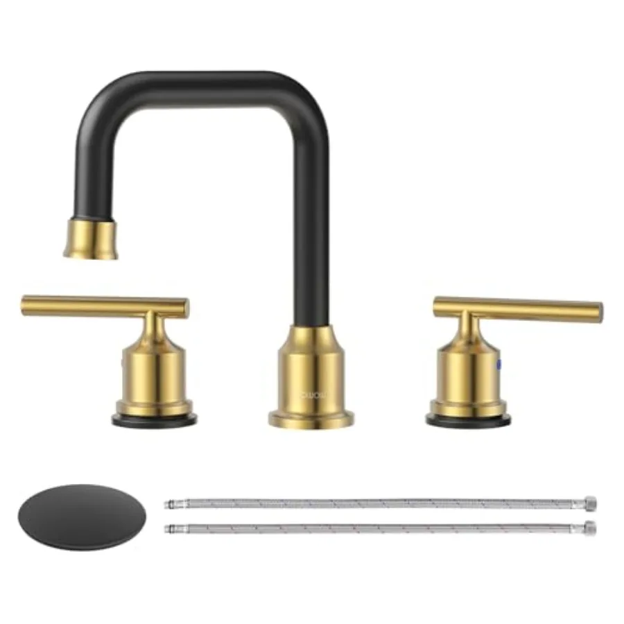 

Widespread Bathroom Faucet 3 Hole Bathroom Sink Faucet Handle Vanity Faucet 8 Inch with Pop-Up Drain and Gold