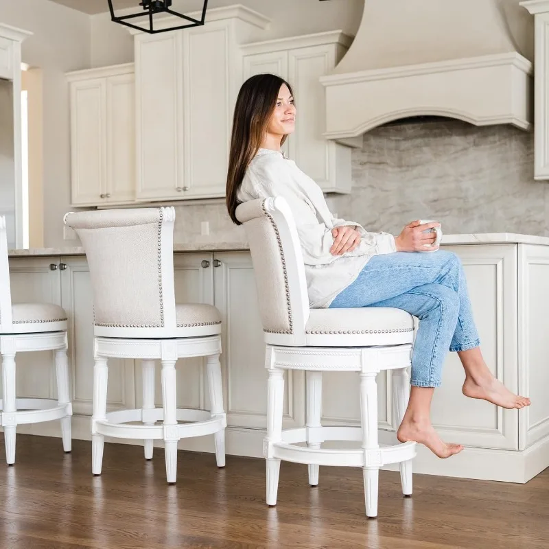 Pullman 31 Inch Tall Bar Height Upholstered Barstool with Back in Alabaster White Finish with Cream Fabric Cushion Seat