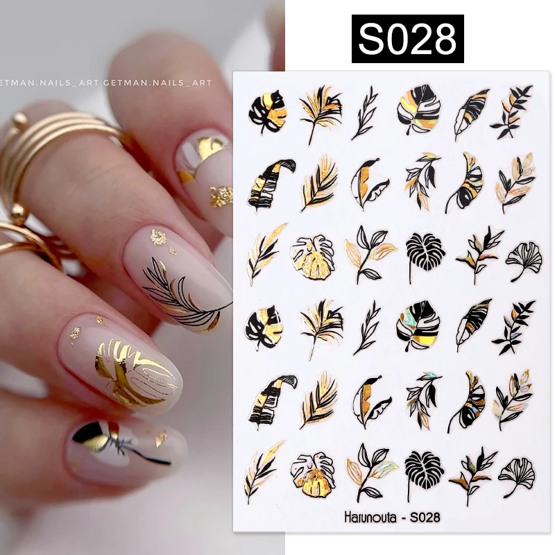 Harunouta Gold Leaf 3D Nail Stickers Spring Nail Design Adhesive Decals Trends Leaves Flowers Sliders for Nail Art Decoration