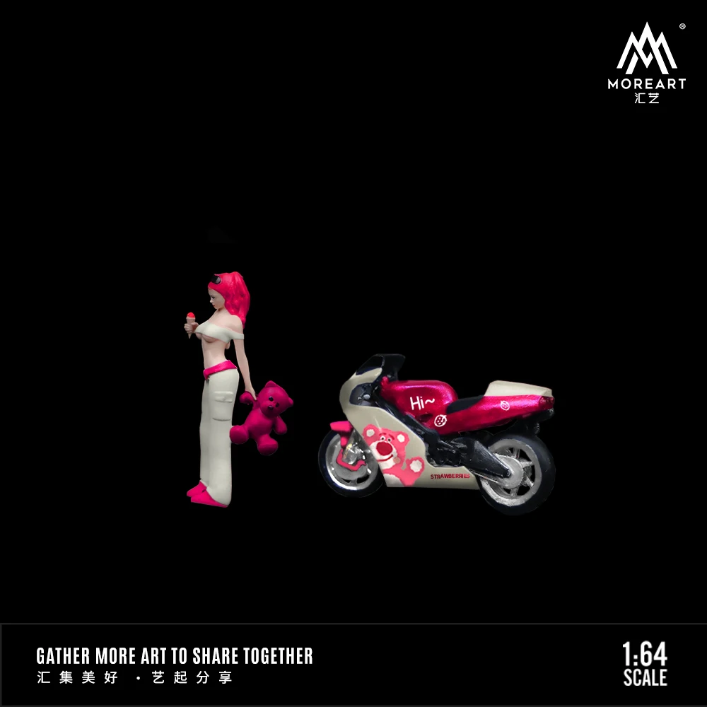 Moreart 1:64 Strawberry Bear Motorcycle Girl Figure Set