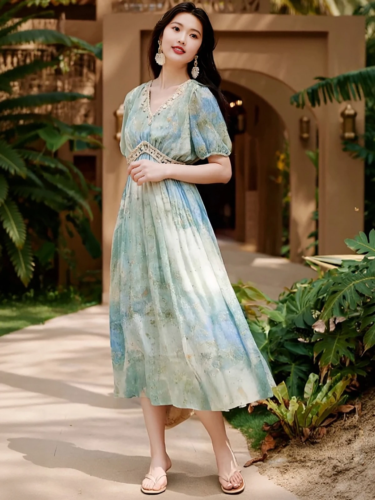 2025 صيف جديد Sle V-Ne Beach Vaion adient Color Blo Chiffon Dr المرأة البسيطة Ele Flounce هيم تجمع الخصر
