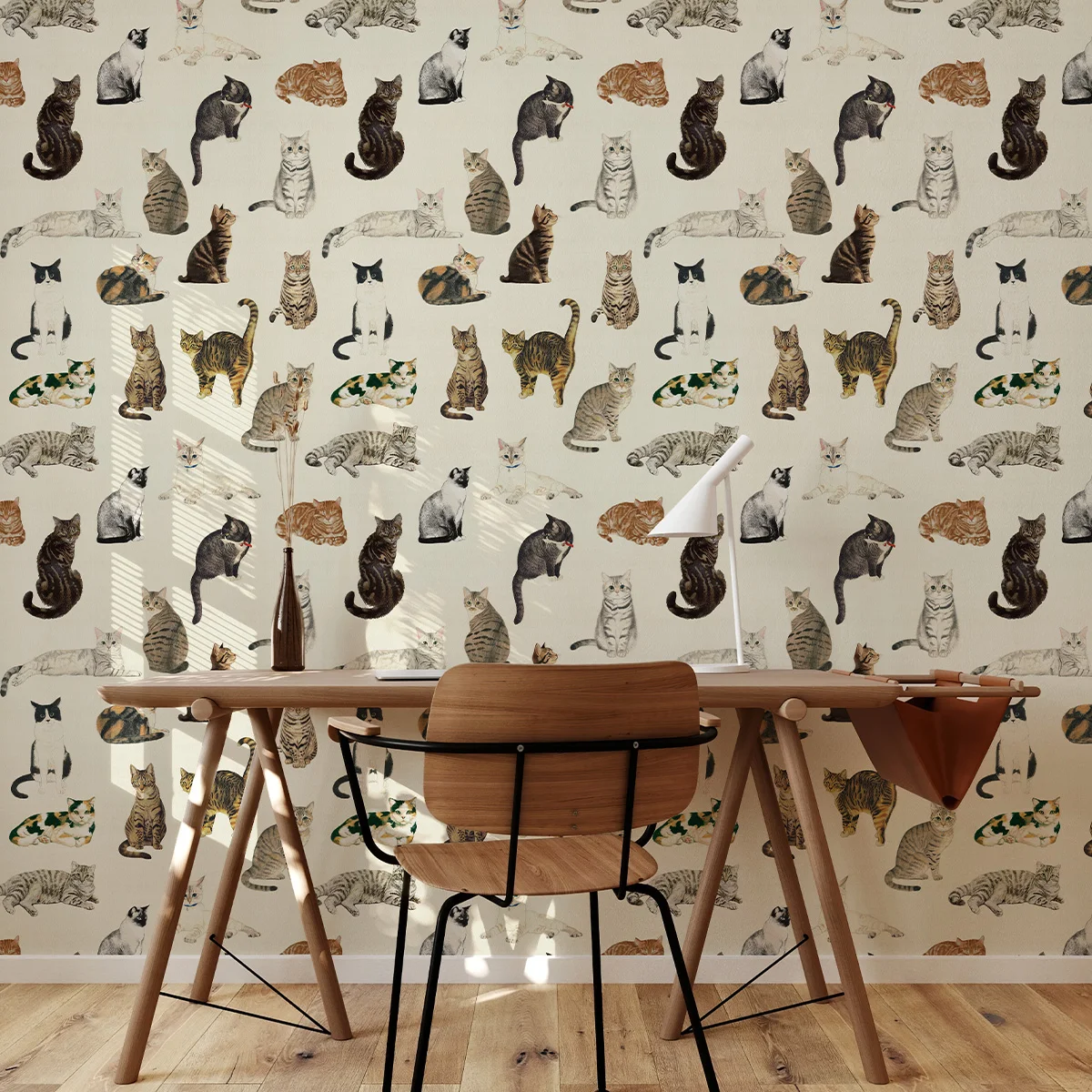 วอลเปเปอร์ลายแมวน่ารักสีเหลืองแบบลอกติด โมเดิร์น กันน้ำ สติ๊กเกอร์ติดผนังไวนิลลายสัตว์ ตกแต่งผนังห้องนั่งเล่นสุดชิคและน่ารัก
