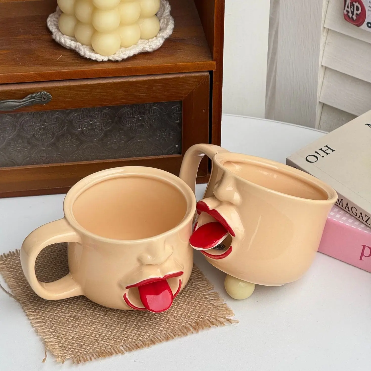 Ceramic Mug Funny 3D Face Mug With Movable Tongue Novelty Handmade Coffee Cup Weird Unique Water Cup For Office Home Party Gift