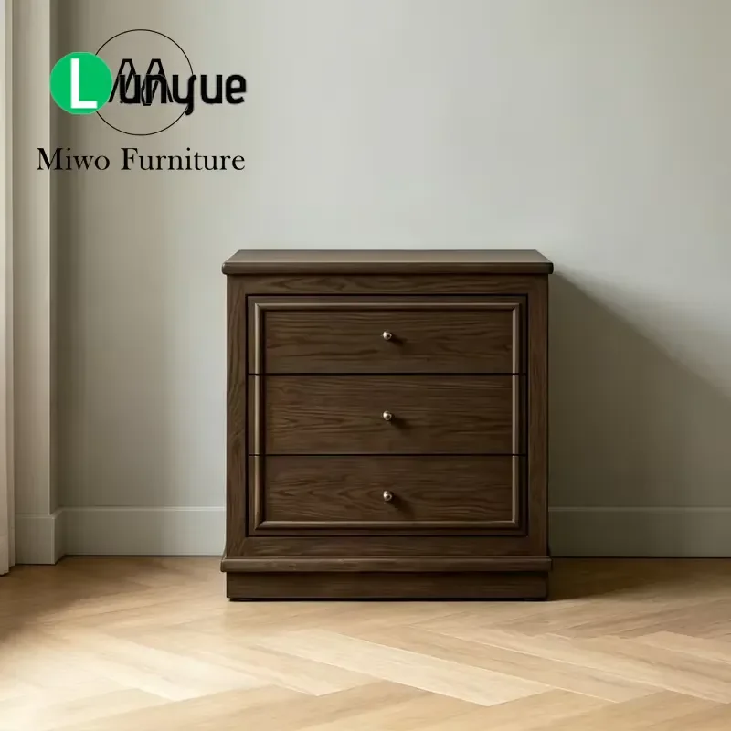 Modern Brown Antique Stained Wood 3 Drawer Bedside Table Set 2 Cabinets Hotel Apartment Bedroom Furniture Storage Nightstand