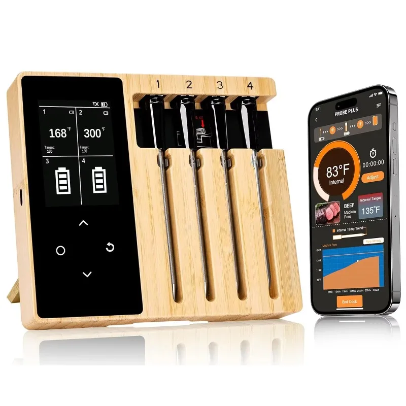 Smart Bluetooth Wireless Meat Thermometer Thin Film Transistor Display 4 Probes Oven, Grill, Food Thermometer