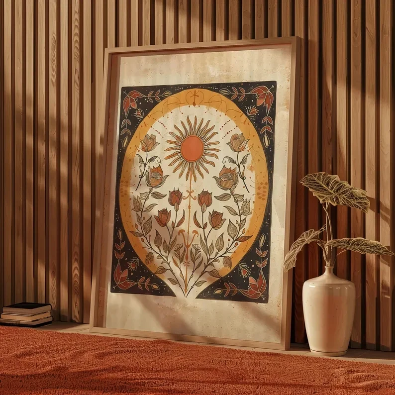 Nordic Orange Sun And Roses Flowery Spiritual Wall Art Print Canvas Painting Poster Picture For Living Room,Bedroom Home Decor