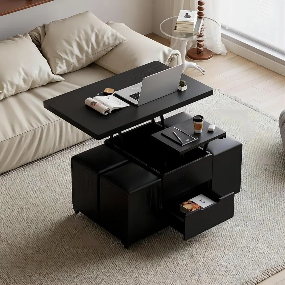 Coffee Table with Hidden Storage, Multifunctional 3-in-1 Tables with 4 Stools and Lockable Wheels, Lift-Top Coffee Table