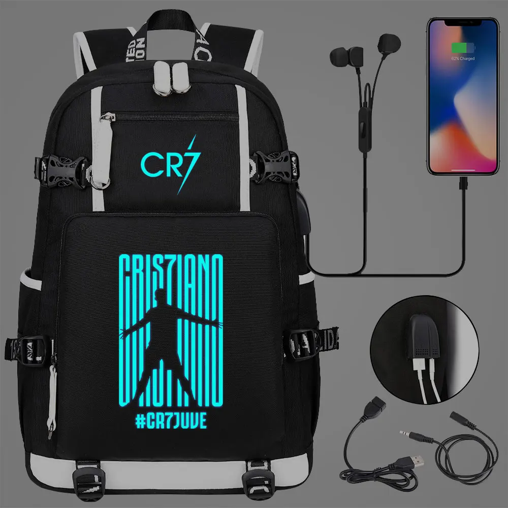 Luminous CR7 Football Backpack Male&Female USB Charge Students Schoolbags Computer Travel Laptop Mochilas