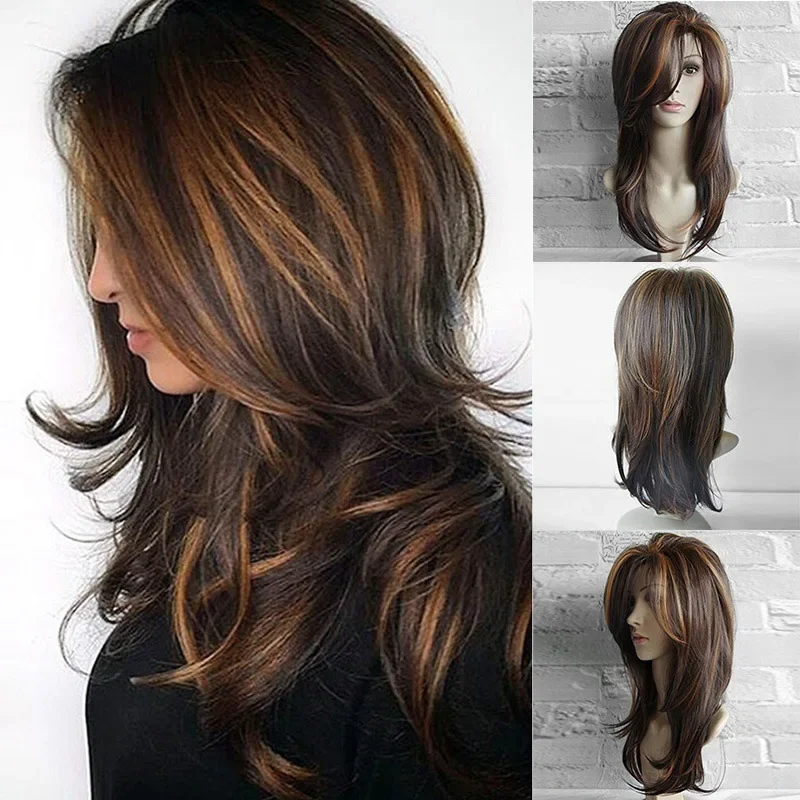 WHIMSICAL W Long Natural Wave  Wigs For Women Ombre Brown Mixed Color Heat Resistant Hair Synthetic Wig