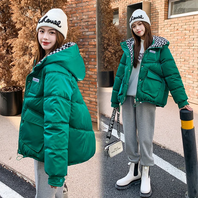 Jaqueta de inverno quente thicke brilhante algodão acolchoado jaqueta cor correspondência com capuz parkas 2022new feminino casaco de algodão curto outwear