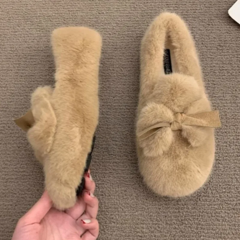 

Bow Women Fur Flats Shoes 2025 Winter Fashion Casual Sneakers Designer Cozy Soft Classical Shoes New Trends Walking Zapatillas