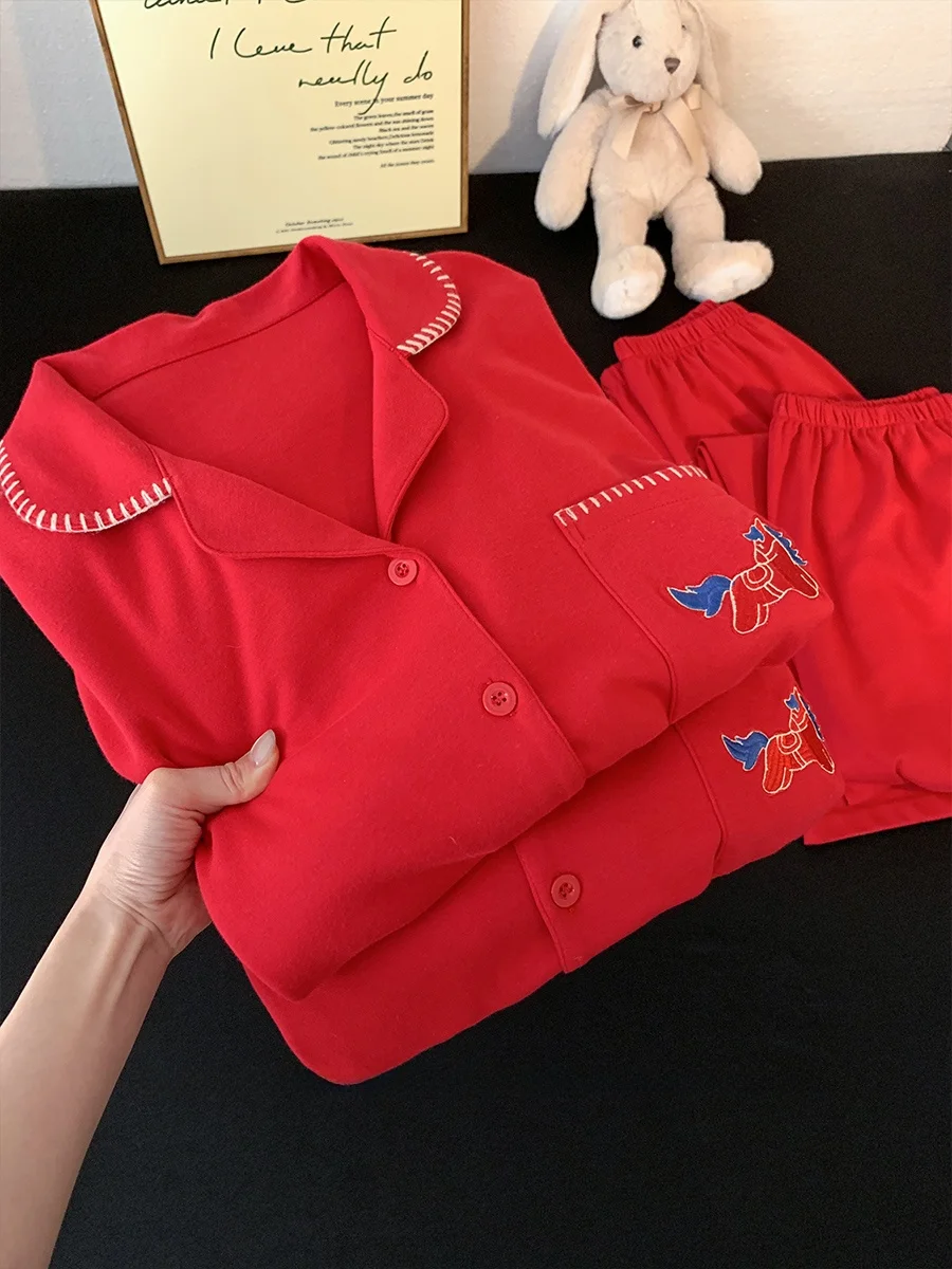 

Cotton Pijama Couples Sleepwear Red Cartoon Print Long Sleeve Shirt Collar Anti-Mite Home Clothes Spring Autumn