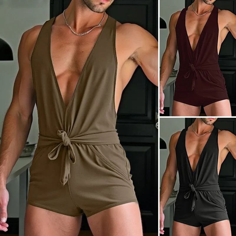 

Комбинезон, мужской однотонный комбинезон без рукавов с v-образным вырезом, мужской сексуальный комбинезон