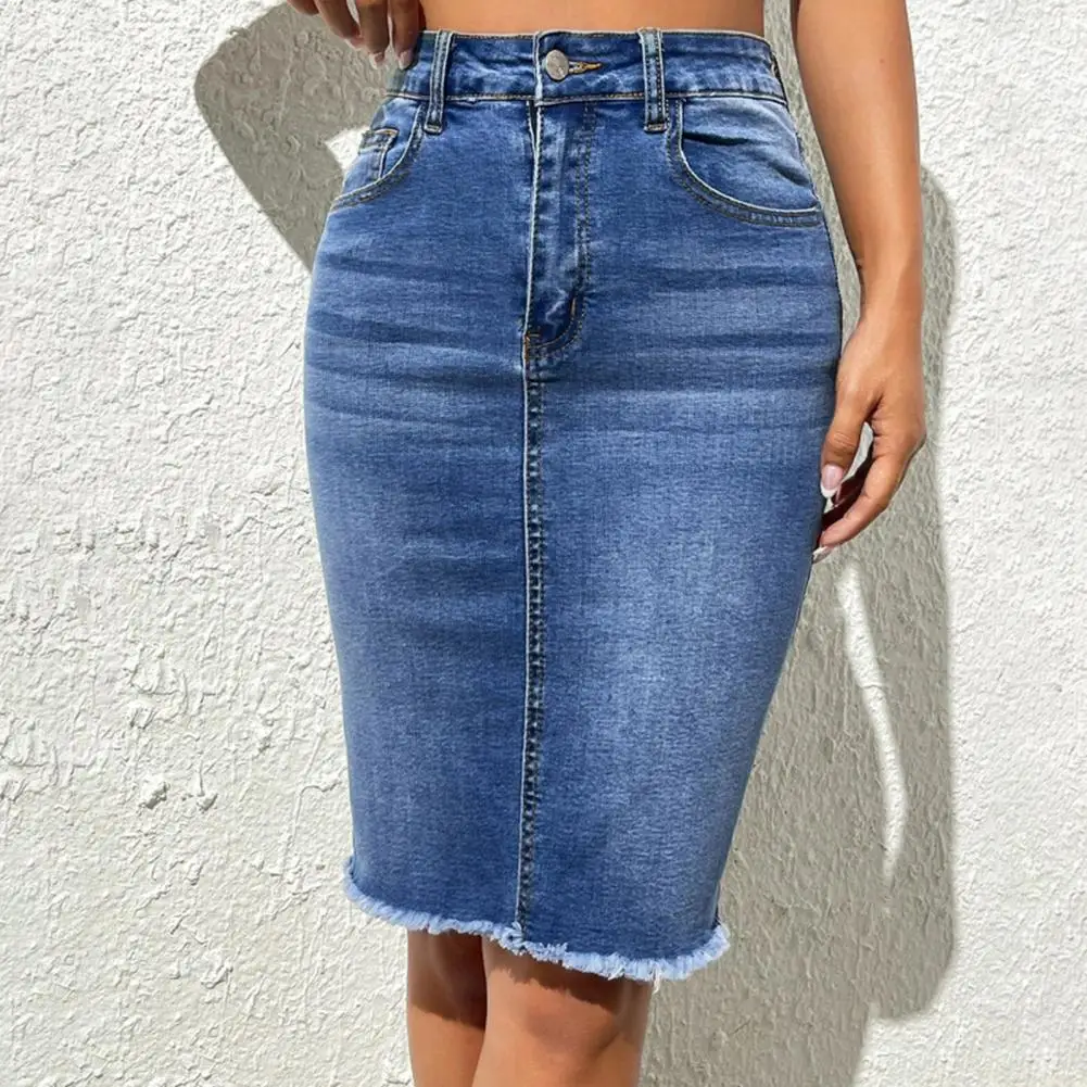 

Women Denim Skirt High Waist Button Zipper Multi Pockets Midi Skirt Solid Color Hip Wrapped Tassel Hem Washed Skirt Jeans юбка