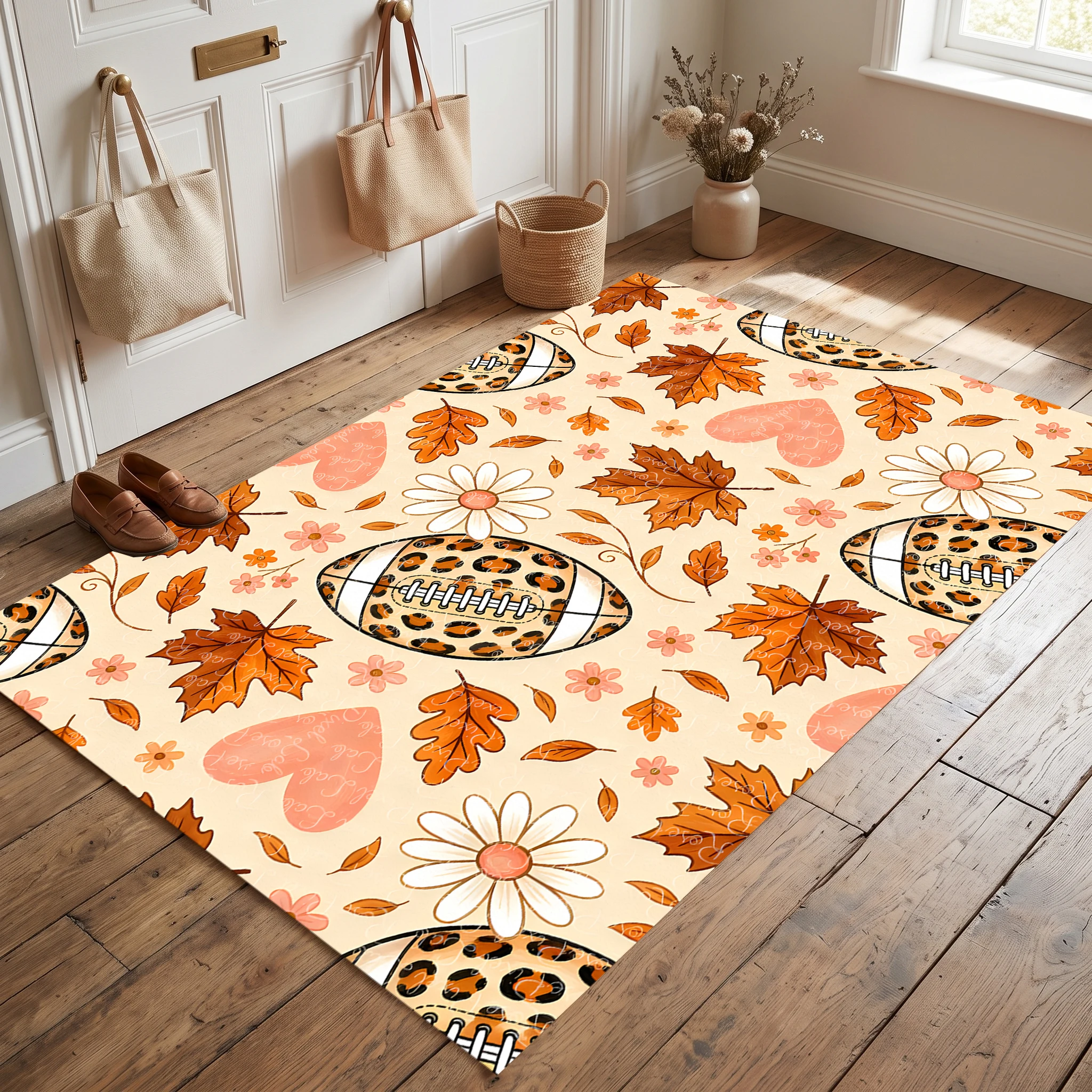 Velvet Rug Maple Daisy Leopard Rugby Print American Sweet Playful for Living Room Bedroom Entryway Decor