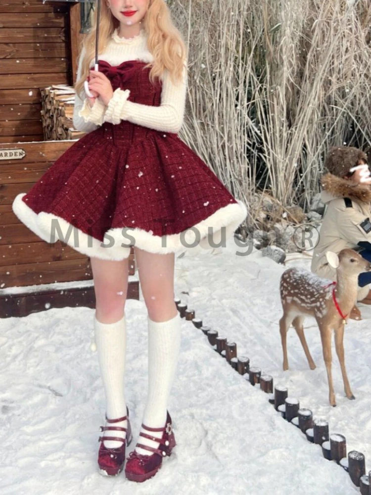 Winter Lolita Sweet Red Retro 3 Piece Set Women Kawaii Cloak + Slim Top + Chic Bow Dress New Warm Harajuku Vintage Pretty Suit