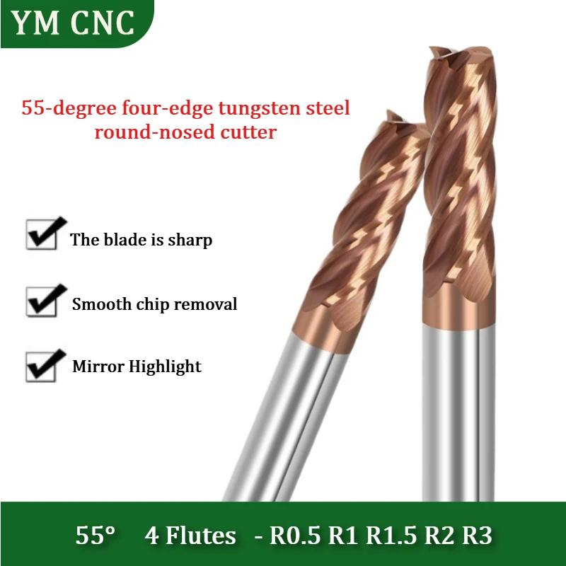 R0.5 R1 R2 Corner Radius End Mill 4 Flutes Bullnose Cutter Tungsten Carbide Steel Metal Router Tool CNC Milling