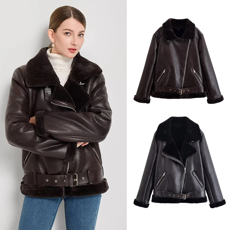 

Women Fur One-Piece Jacket 2025 Fall Winter New Fashion Long Sleeve Button With Belt Leather Jacket Female Leisure Outerwear